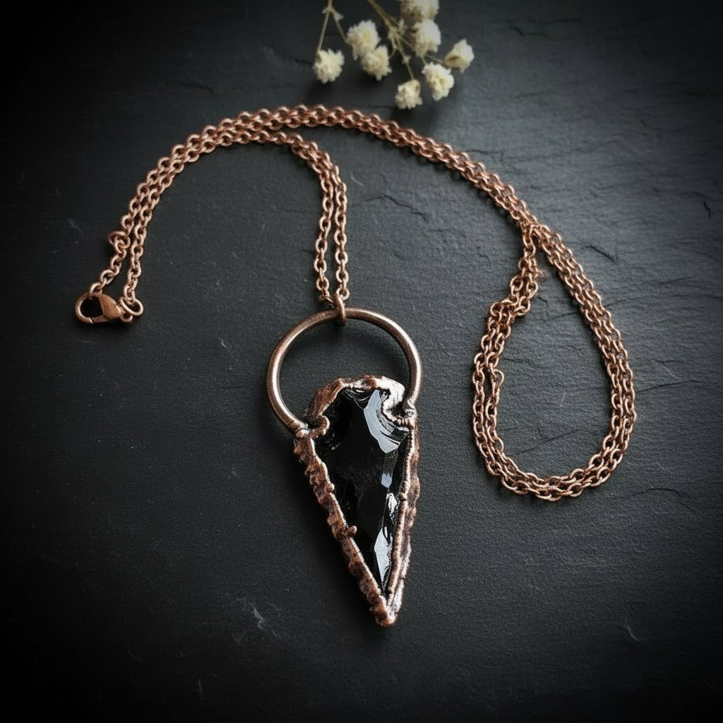 Santa Fe Marketplace Raw Obsidian Arrowhead Necklace | Electroformed Copper | 20″ Chain | Made to Order Product Image: Raw Obsidian Arrowhead Necklace | Electroformed Copper | 20″ Chain | Made to Order