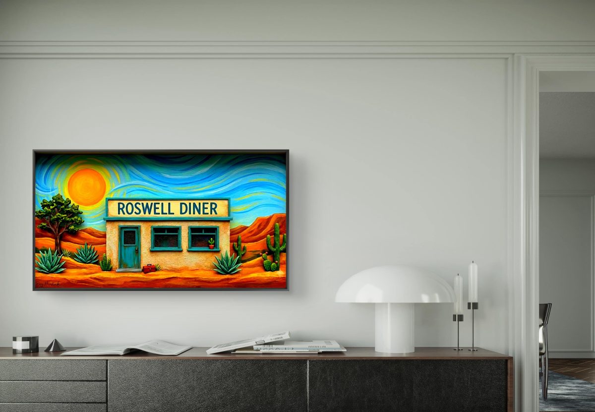 Santa Fe Marketplace MINI_Roswell Diner 12’X12″-DIGITAL CANVAS PRINT- Product Image: MINI_Roswell Diner 12’X12″-DIGITAL CANVAS PRINT-