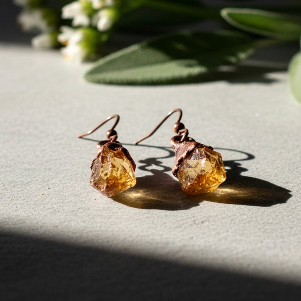 Santa Fe Marketplace Raw Citrine Dangle Earrings | Electroformed Copper | Solar Plexus Talisman | Ready to Ship Product Image: Raw Citrine Dangle Earrings | Electroformed Copper | Solar Plexus Talisman | Ready to Ship