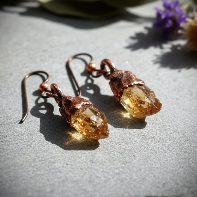 Santa Fe Marketplace Raw Citrine Dangle Earrings | Electroformed Copper | Solar Plexus Talisman | Ready to Ship Product Image: Raw Citrine Dangle Earrings | Electroformed Copper | Solar Plexus Talisman | Ready to Ship