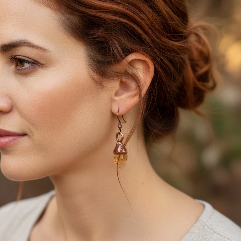 Santa Fe Marketplace Raw Citrine Dangle Earrings | Electroformed Copper | Solar Plexus Talisman | Ready to Ship Product Image: Raw Citrine Dangle Earrings | Electroformed Copper | Solar Plexus Talisman | Ready to Ship