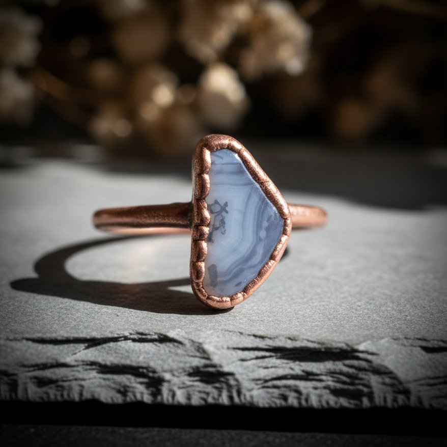 Santa Fe Marketplace Blue Lace Agate Ring | Handcrafted Electroformed Copper | Made to Order Product Image: Blue Lace Agate Ring | Handcrafted Electroformed Copper | Made to Order