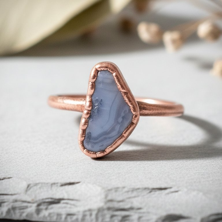 Santa Fe Marketplace Blue Lace Agate Ring | Handcrafted Electroformed Copper | Made to Order Product Image: Blue Lace Agate Ring | Handcrafted Electroformed Copper | Made to Order