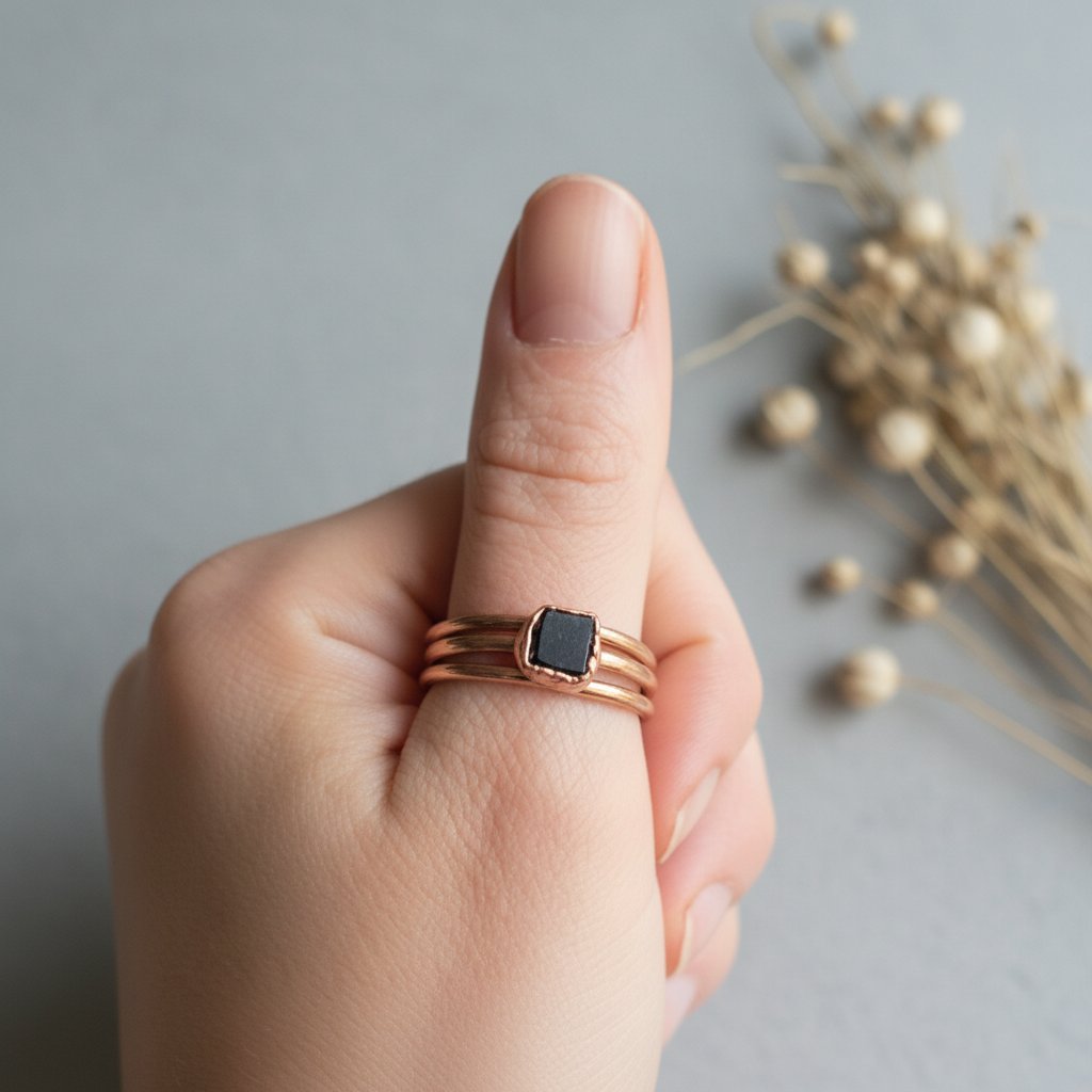Santa Fe Marketplace Black Tourmaline Ring | Stackable Electroformed Copper | Made to Order Product Image: Black Tourmaline Ring | Stackable Electroformed Copper | Made to Order