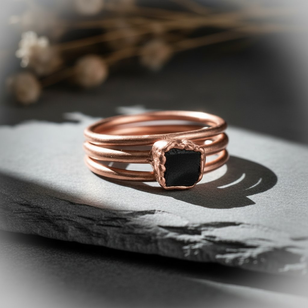 Santa Fe Marketplace Black Tourmaline Ring | Stackable Electroformed Copper | Made to Order Product Image: Black Tourmaline Ring | Stackable Electroformed Copper | Made to Order