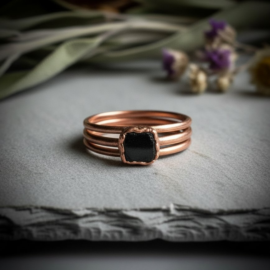 Santa Fe Marketplace Black Tourmaline Ring | Stackable Electroformed Copper | Made to Order Product Image: Black Tourmaline Ring | Stackable Electroformed Copper | Made to Order