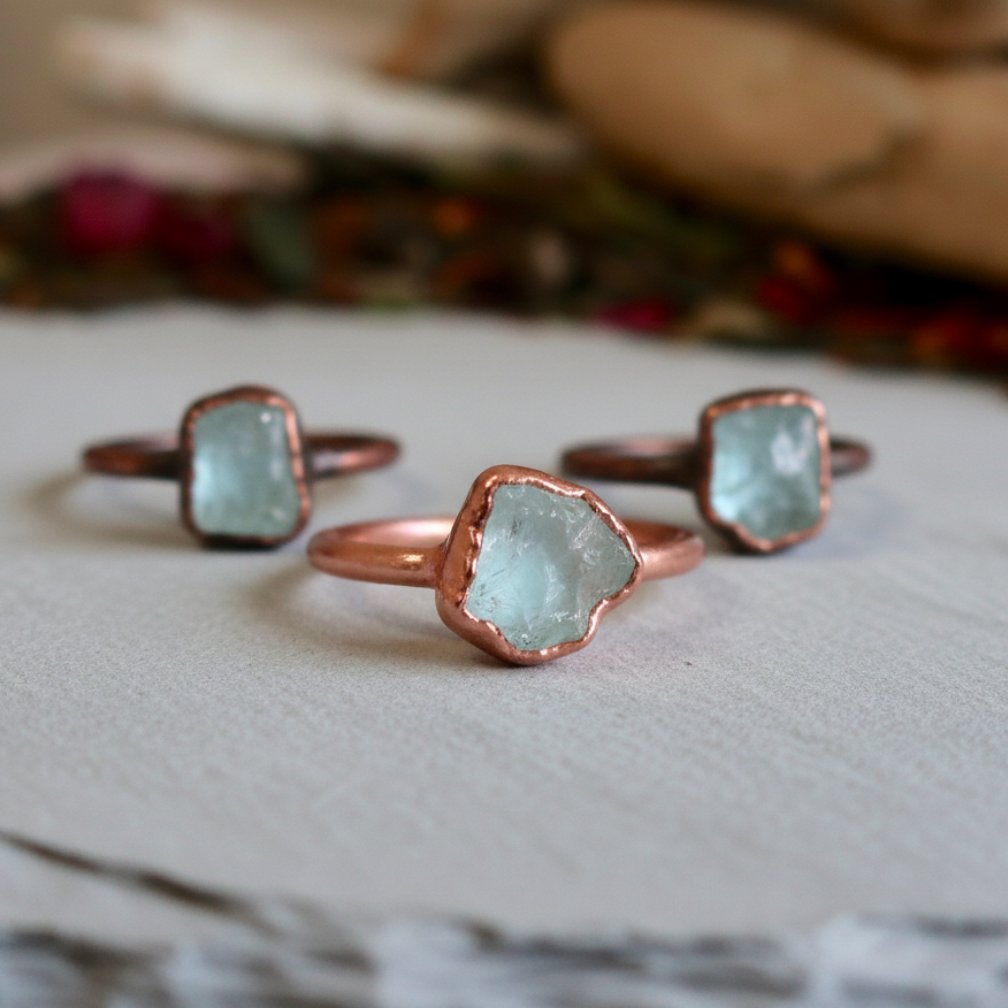 Santa Fe Marketplace Raw Aquamarine Ring | Bright or Antique Copper Finish | Handcrafted Electroformed Copper | Made to Order Product Image: Raw Aquamarine Ring | Bright or Antique Copper Finish | Handcrafted Electroformed Copper | Made to Order