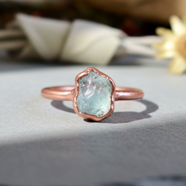 Santa Fe Marketplace Raw Aquamarine Ring | Bright or Antique Copper Finish | Handcrafted Electroformed Copper | Made to Order Product Image: Raw Aquamarine Ring | Bright or Antique Copper Finish | Handcrafted Electroformed Copper | Made to Order