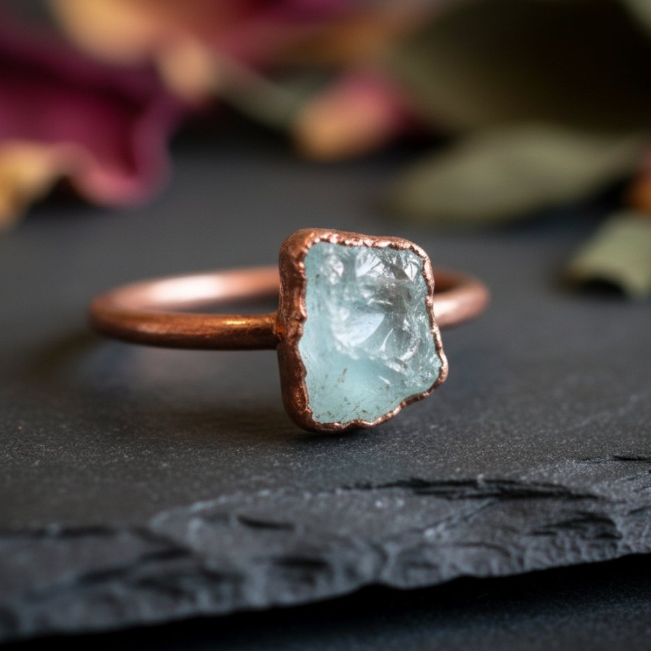 Santa Fe Marketplace Raw Aquamarine Ring | Bright or Antique Copper Finish | Handcrafted Electroformed Copper | Made to Order Product Image: Raw Aquamarine Ring | Bright or Antique Copper Finish | Handcrafted Electroformed Copper | Made to Order