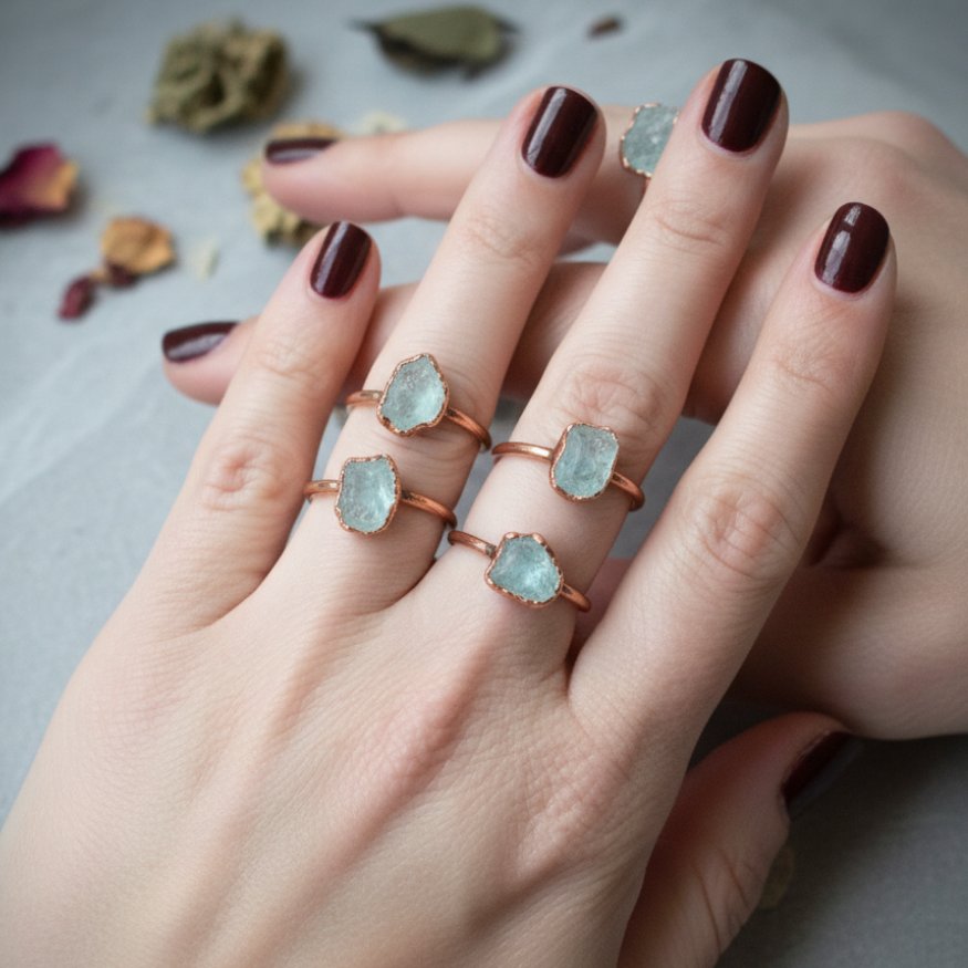 Santa Fe Marketplace Raw Aquamarine Ring | Bright or Antique Copper Finish | Handcrafted Electroformed Copper | Made to Order Product Image: Raw Aquamarine Ring | Bright or Antique Copper Finish | Handcrafted Electroformed Copper | Made to Order