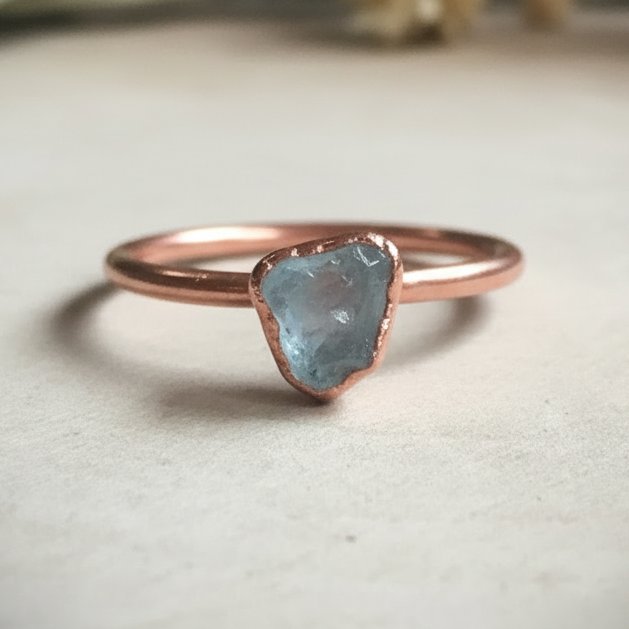 Santa Fe Marketplace Dainty Raw Aquamarine Ring | Rough Stone Solitaire | Electroformed Copper | Made to Order Product Image: Dainty Raw Aquamarine Ring | Rough Stone Solitaire | Electroformed Copper | Made to Order
