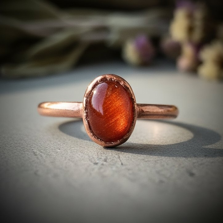 Santa Fe Marketplace Sunstone Ring | Oval Cabochon | Handcrafted Electroformed Copper | Made to Order Product Image: Sunstone Ring | Oval Cabochon | Handcrafted Electroformed Copper | Made to Order