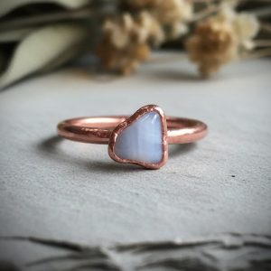 Santa Fe Marketplace Pale Blue Lace Agate Talisman Ring | Dainty Electroformed Band | Bright or Antique Copper | Made to Order Product Image: Pale Blue Lace Agate Talisman Ring | Dainty Electroformed Band | Bright or Antique Copper | Made to Order