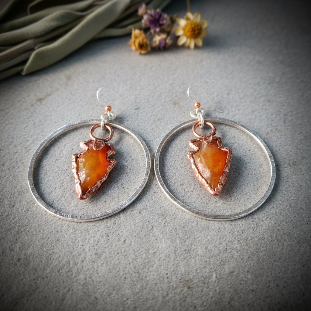 Santa Fe Marketplace Carnelian Arrowhead Hoop Earrings | Electroformed Copper | Hand Hammered Sterling Silver Hoops | Ready to Ship Product Image: Carnelian Arrowhead Hoop Earrings | Electroformed Copper | Hand Hammered Sterling Silver Hoops | Ready to Ship