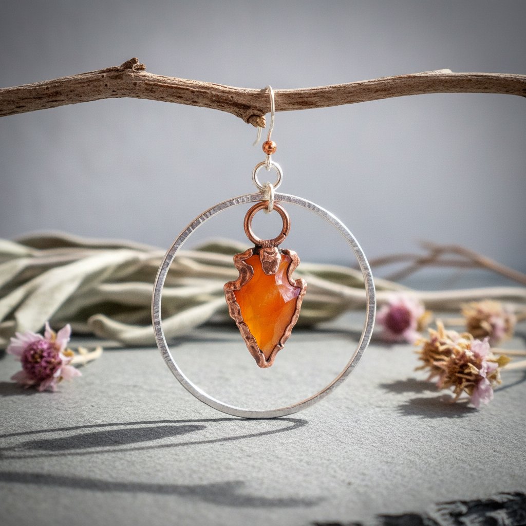 Santa Fe Marketplace Carnelian Arrowhead Hoop Earrings | Electroformed Copper | Hand Hammered Sterling Silver Hoops | Ready to Ship Product Image: Carnelian Arrowhead Hoop Earrings | Electroformed Copper | Hand Hammered Sterling Silver Hoops | Ready to Ship