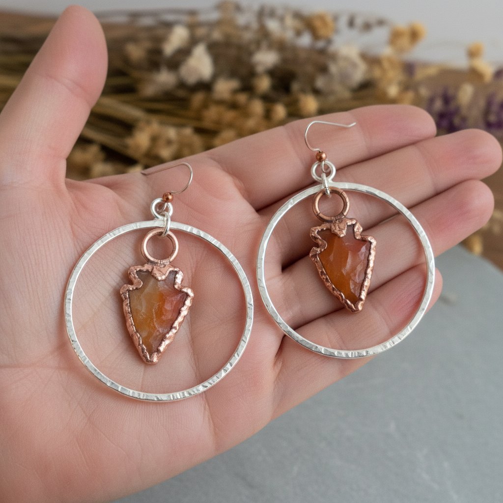 Santa Fe Marketplace Carnelian Arrowhead Hoop Earrings | Electroformed Copper | Hand Hammered Sterling Silver Hoops | Ready to Ship Product Image: Carnelian Arrowhead Hoop Earrings | Electroformed Copper | Hand Hammered Sterling Silver Hoops | Ready to Ship