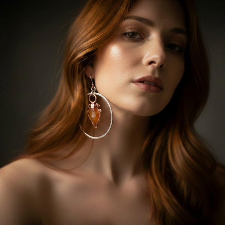 Santa Fe Marketplace Carnelian Arrowhead Hoop Earrings | Electroformed Copper | Hand Hammered Sterling Silver Hoops | Ready to Ship Product Image: Carnelian Arrowhead Hoop Earrings | Electroformed Copper | Hand Hammered Sterling Silver Hoops | Ready to Ship