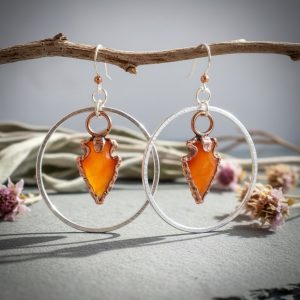 Santa Fe Marketplace Carnelian Arrowhead Hoop Earrings | Electroformed Copper | Hand Hammered Sterling Silver Hoops | Ready to Ship Product Image: Carnelian Arrowhead Hoop Earrings | Electroformed Copper | Hand Hammered Sterling Silver Hoops | Ready to Ship
