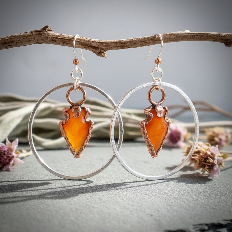 Santa Fe Marketplace Carnelian Arrowhead Hoop Earrings | Electroformed Copper | Hand Hammered Sterling Silver Hoops | Ready to Ship Product Image: Carnelian Arrowhead Hoop Earrings | Electroformed Copper | Hand Hammered Sterling Silver Hoops | Ready to Ship
