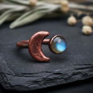 Santa Fe Marketplace Crescent Moon Labradorite Open Ring | 6mm Stone | Antique Copper | Sizes 6, 7, 8 | Made to Order Product Image: Crescent Moon Labradorite Open Ring | 6mm Stone | Antique Copper | Sizes 6, 7, 8 | Made to Order