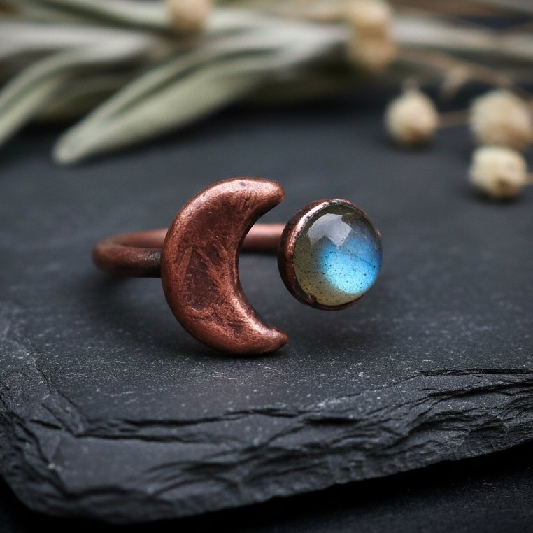 Santa Fe Marketplace Crescent Moon Labradorite Open Ring | 6mm Stone | Antique Copper | Sizes 6, 7, 8 | Made to Order Product Image: Crescent Moon Labradorite Open Ring | 6mm Stone | Antique Copper | Sizes 6, 7, 8 | Made to Order