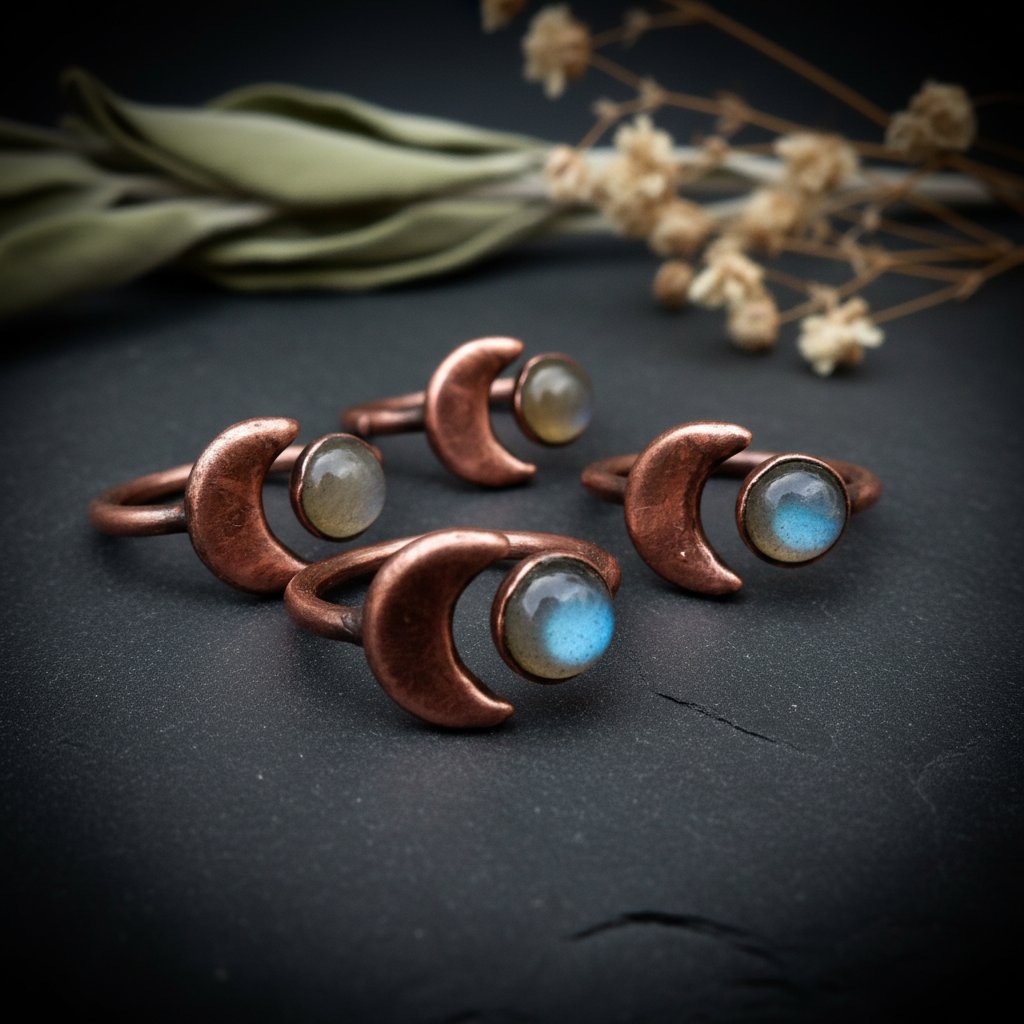 Santa Fe Marketplace Crescent Moon Labradorite Open Ring | 6mm Stone | Antique Copper | Sizes 6, 7, 8 | Made to Order Product Image: Crescent Moon Labradorite Open Ring | 6mm Stone | Antique Copper | Sizes 6, 7, 8 | Made to Order