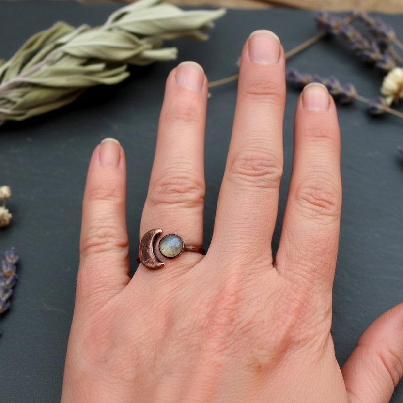Santa Fe Marketplace Crescent Moon Labradorite Open Ring | 6mm Stone | Antique Copper | Sizes 6, 7, 8 | Made to Order Product Image: Crescent Moon Labradorite Open Ring | 6mm Stone | Antique Copper | Sizes 6, 7, 8 | Made to Order