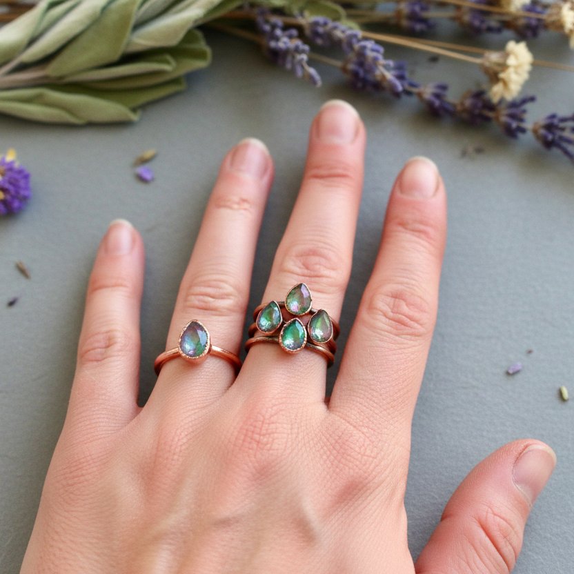 Santa Fe Marketplace Rainbow Mystic Topaz Teardrop Ring | 7x4mm Faceted Stone | Electroformed Copper | December Birthstone | Made to Order Product Image: Rainbow Mystic Topaz Teardrop Ring | 7x4mm Faceted Stone | Electroformed Copper | December Birthstone | Made to Order
