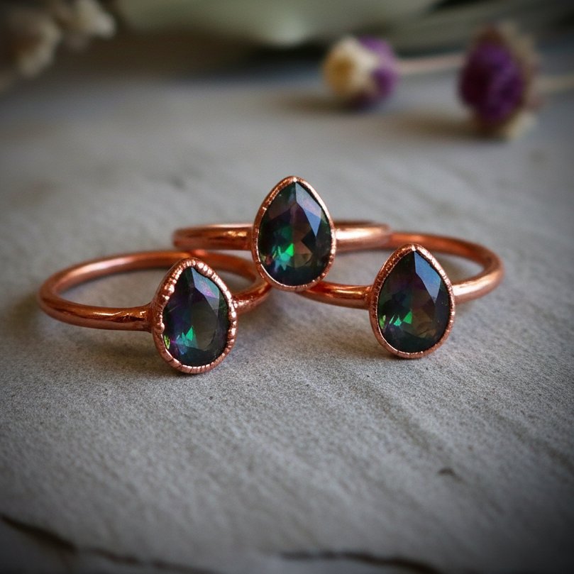 Santa Fe Marketplace Rainbow Mystic Topaz Teardrop Ring | 7x4mm Faceted Stone | Electroformed Copper | December Birthstone | Made to Order Product Image: Rainbow Mystic Topaz Teardrop Ring | 7x4mm Faceted Stone | Electroformed Copper | December Birthstone | Made to Order