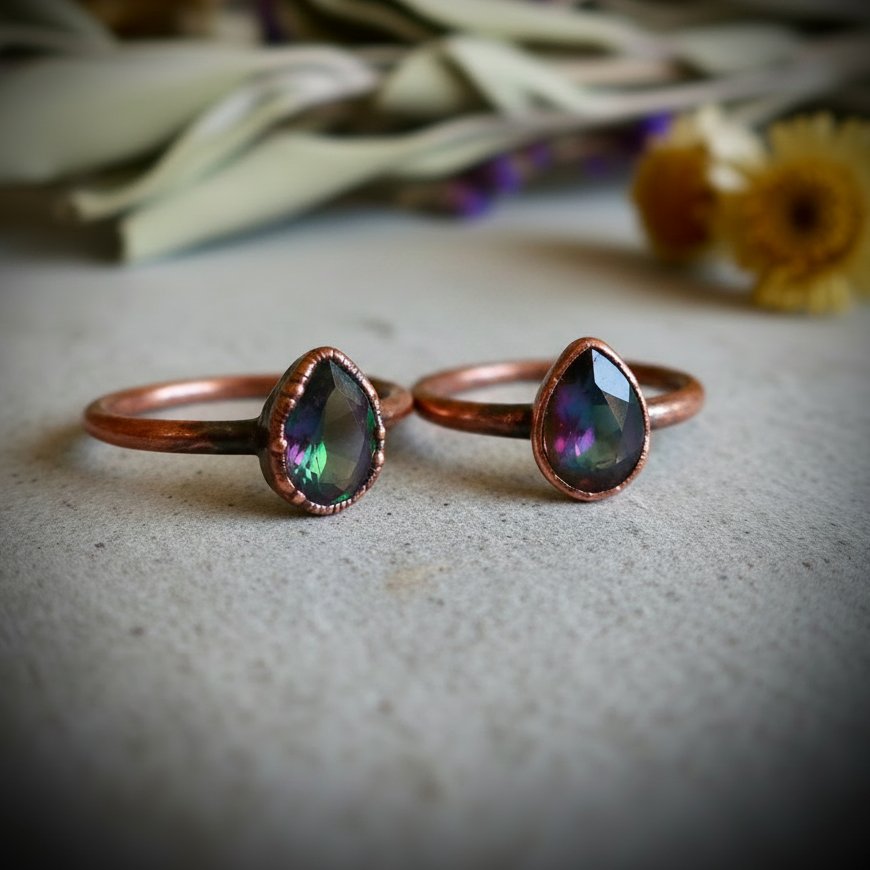 Santa Fe Marketplace Rainbow Mystic Topaz Teardrop Ring | 7x4mm Faceted Stone | Electroformed Copper | December Birthstone | Made to Order Product Image: Rainbow Mystic Topaz Teardrop Ring | 7x4mm Faceted Stone | Electroformed Copper | December Birthstone | Made to Order