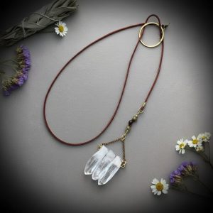 Santa Fe Marketplace Raw Quartz Lariat Necklace | Brass Ring Closure | Dark Red Leather or Vegan Cord | Made to Order Product Image: Raw Quartz Lariat Necklace | Brass Ring Closure | Dark Red Leather or Vegan Cord | Made to Order