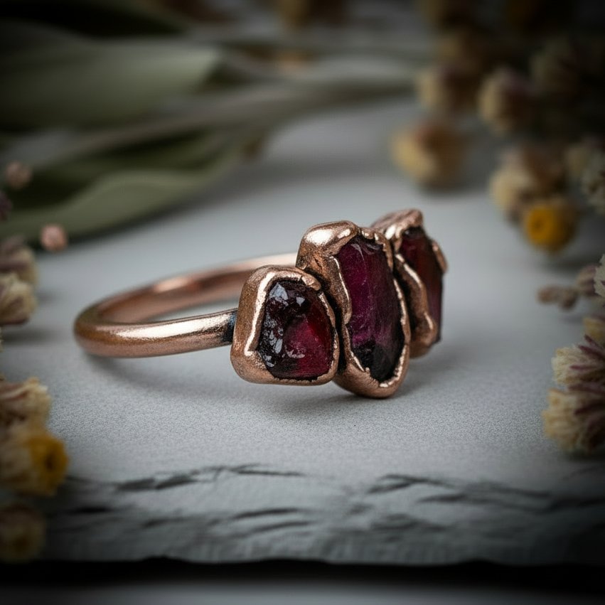 Santa Fe Marketplace Deep Red Garnet Three Stone Ring | January Birthstone | Antique Copper Electroformed | Made to Order Product Image: Deep Red Garnet Three Stone Ring | January Birthstone | Antique Copper Electroformed | Made to Order