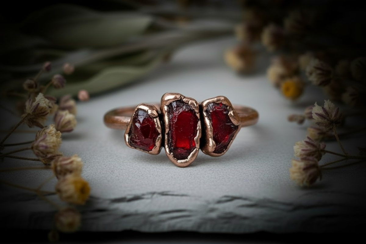 Santa Fe Marketplace Deep Red Garnet Three Stone Ring | January Birthstone | Antique Copper Electroformed | Made to Order Product Image: Deep Red Garnet Three Stone Ring | January Birthstone | Antique Copper Electroformed | Made to Order