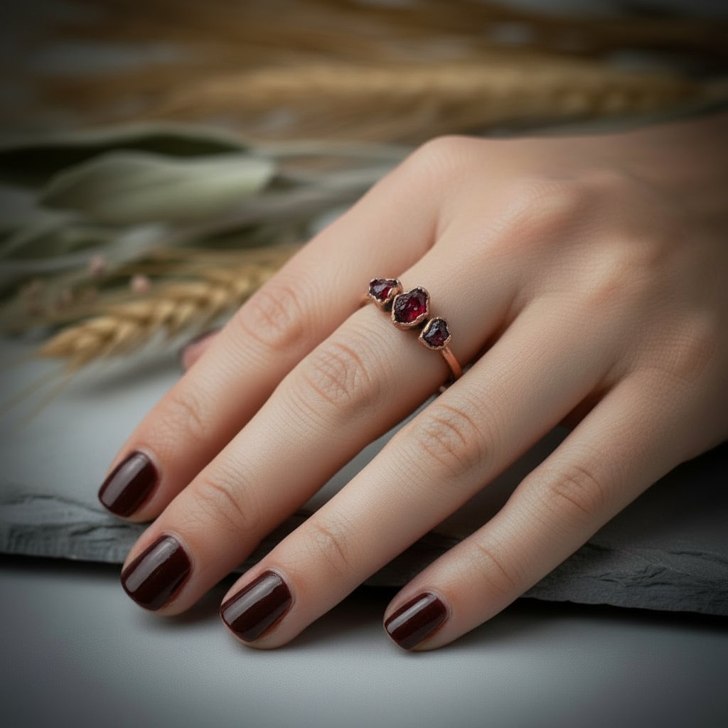Santa Fe Marketplace Deep Red Garnet Three Stone Ring | January Birthstone | Antique Copper Electroformed | Made to Order Product Image: Deep Red Garnet Three Stone Ring | January Birthstone | Antique Copper Electroformed | Made to Order