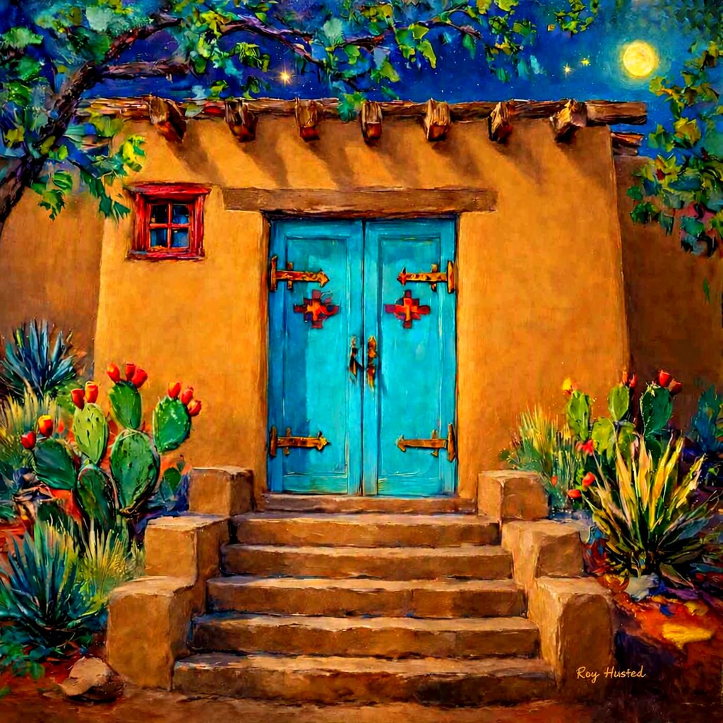 Santa Fe Marketplace Turquoise Gates at Moonlight -12’X12″ – Digital CANVAS PRINT- Product Image: Turquoise Gates at Moonlight -12’X12″ – Digital CANVAS PRINT-