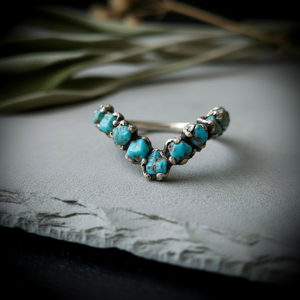 Santa Fe Marketplace Raw Turquoise Chevron Ring | December Birthstone | Silver-Plated Copper Electroformed | Made to Order Product Image: Raw Turquoise Chevron Ring | December Birthstone | Silver-Plated Copper Electroformed | Made to Order