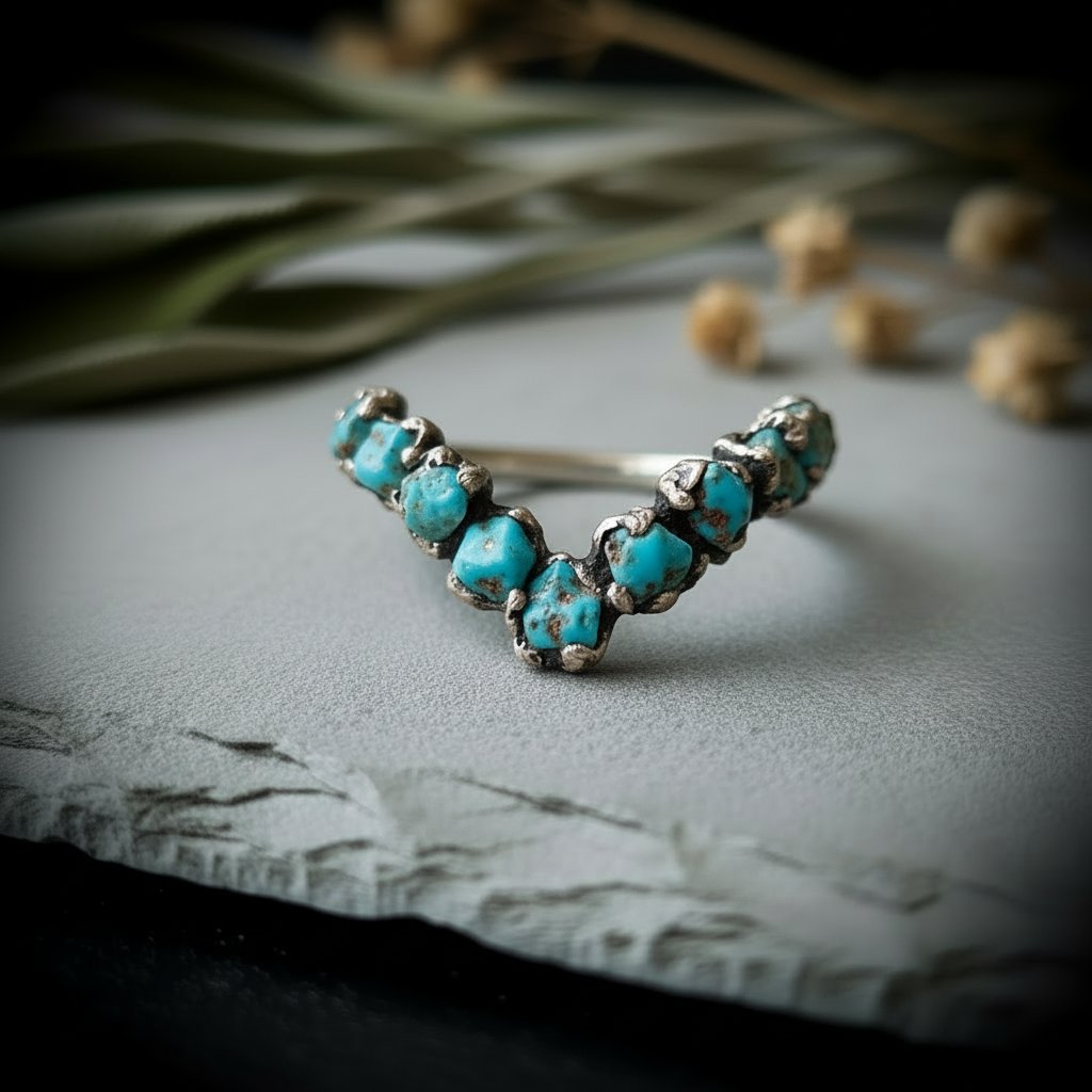 Santa Fe Marketplace Raw Turquoise Chevron Ring | December Birthstone | Silver-Plated Copper Electroformed | Made to Order Product Image: Raw Turquoise Chevron Ring | December Birthstone | Silver-Plated Copper Electroformed | Made to Order