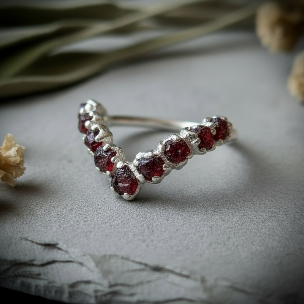 Santa Fe Marketplace Raw Garnet Chevron Ring | January Birthstone | Silver-Plated Copper Electroformed | Made to Order Product Image: Raw Garnet Chevron Ring | January Birthstone | Silver-Plated Copper Electroformed | Made to Order