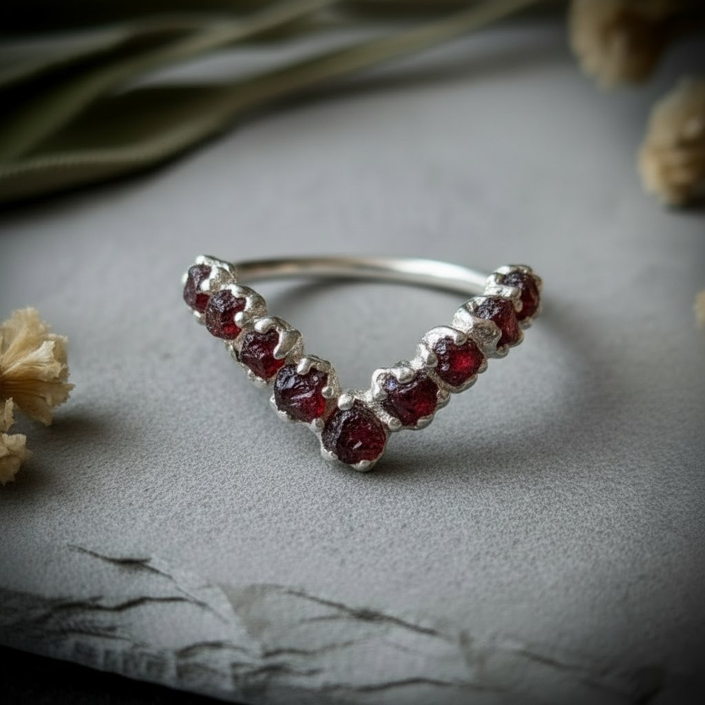 Santa Fe Marketplace Raw Garnet Chevron Ring | January Birthstone | Silver-Plated Copper Electroformed | Made to Order Product Image: Raw Garnet Chevron Ring | January Birthstone | Silver-Plated Copper Electroformed | Made to Order