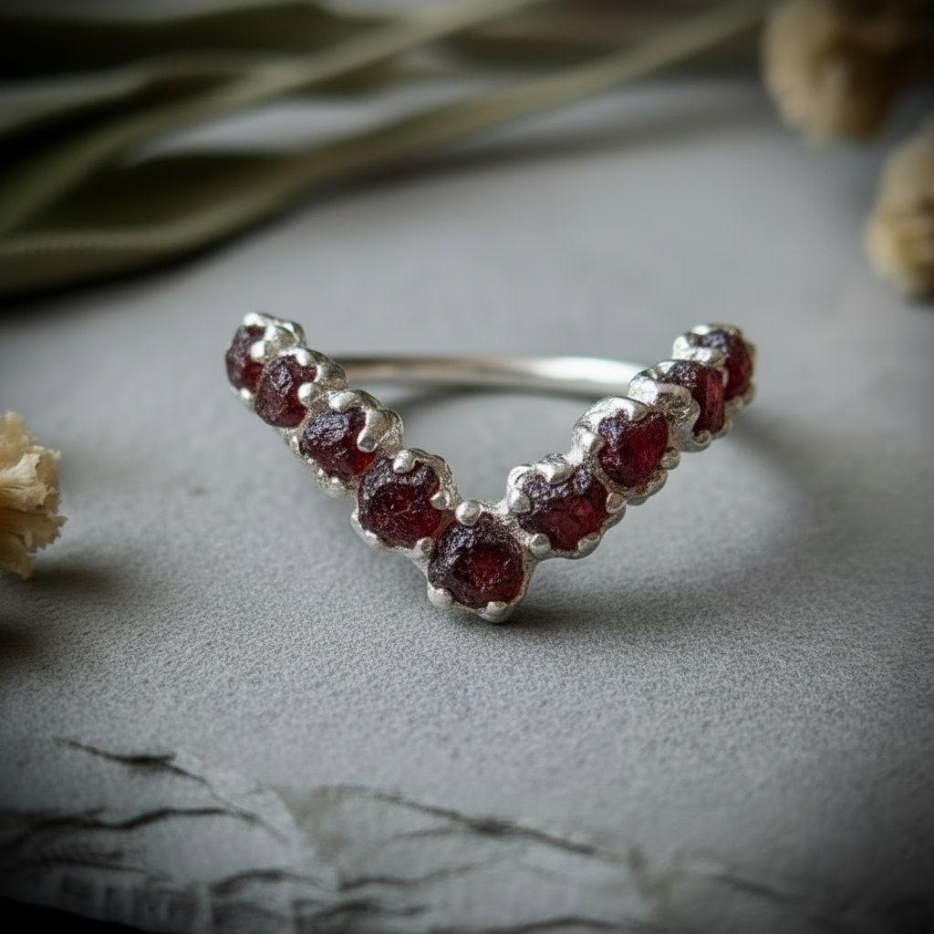 Santa Fe Marketplace Raw Garnet Chevron Ring | January Birthstone | Silver-Plated Copper Electroformed | Made to Order Product Image: Raw Garnet Chevron Ring | January Birthstone | Silver-Plated Copper Electroformed | Made to Order
