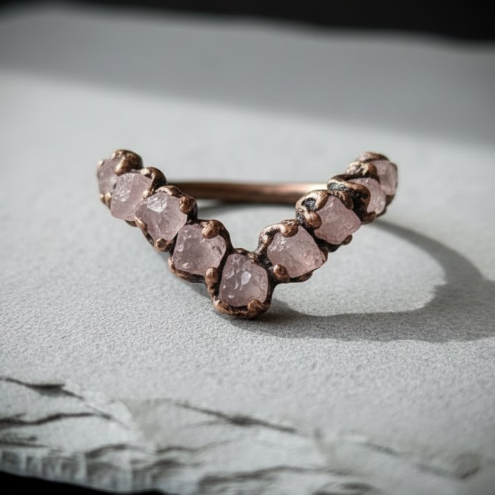 Santa Fe Marketplace Raw Rose Quartz Chevron Ring | Antique Copper Electroformed | Made to Order Product Image: Raw Rose Quartz Chevron Ring | Antique Copper Electroformed | Made to Order
