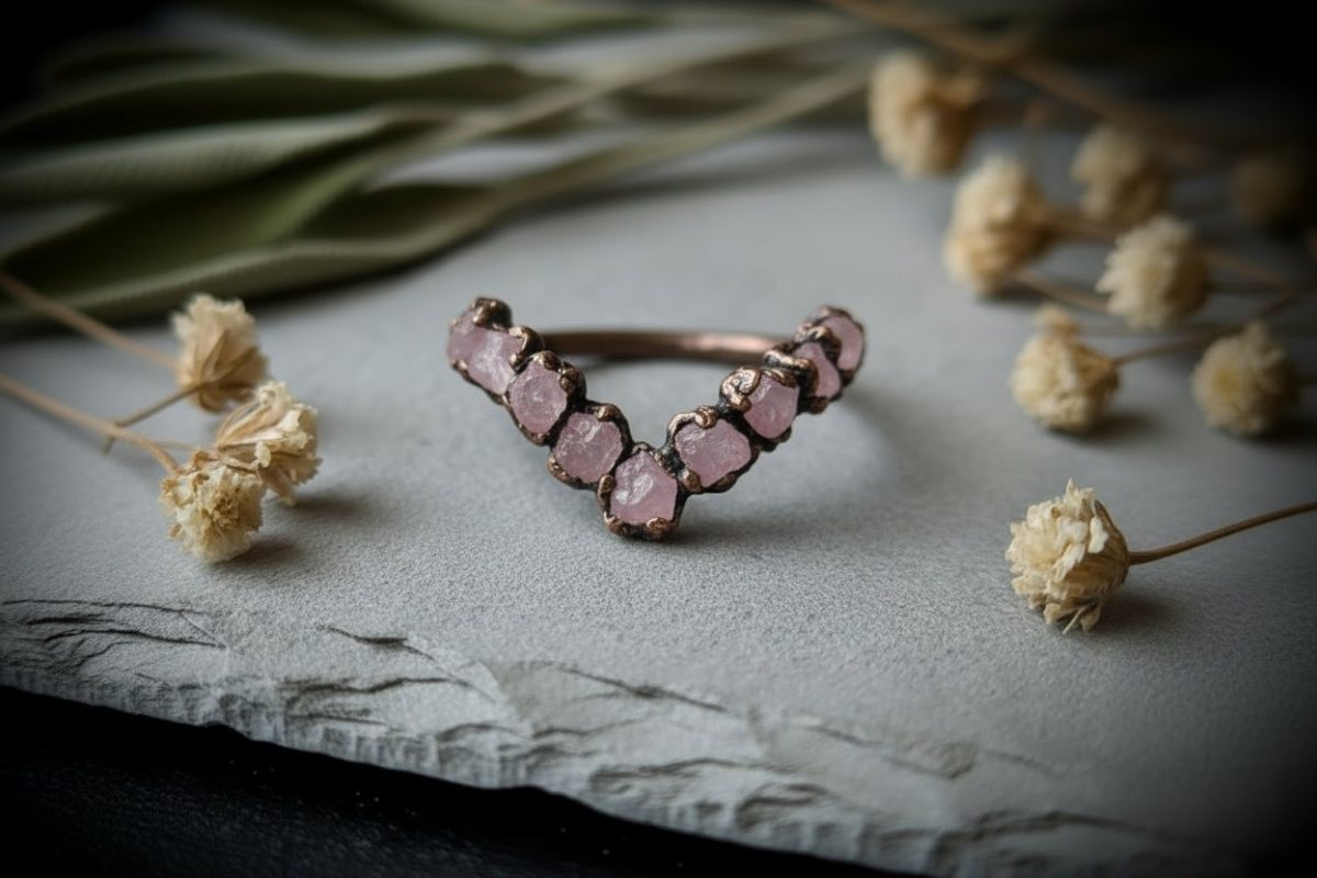 Santa Fe Marketplace Raw Rose Quartz Chevron Ring | Antique Copper Electroformed | Made to Order Product Image: Raw Rose Quartz Chevron Ring | Antique Copper Electroformed | Made to Order