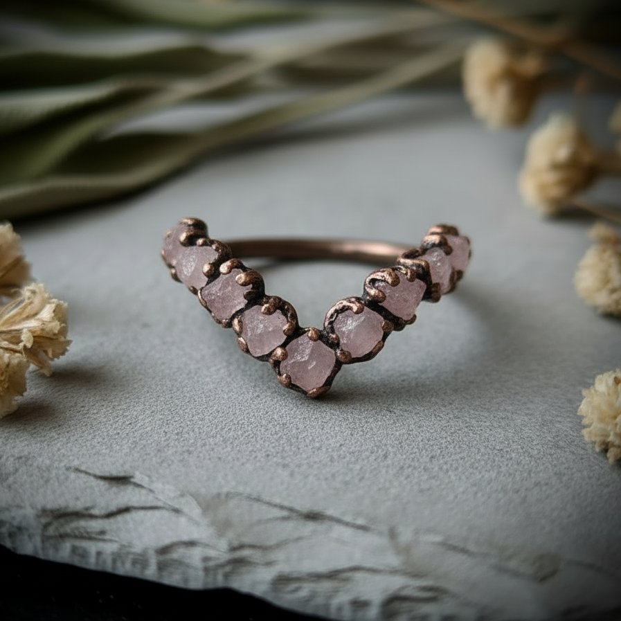 Santa Fe Marketplace Raw Rose Quartz Chevron Ring | Antique Copper Electroformed | Made to Order Product Image: Raw Rose Quartz Chevron Ring | Antique Copper Electroformed | Made to Order