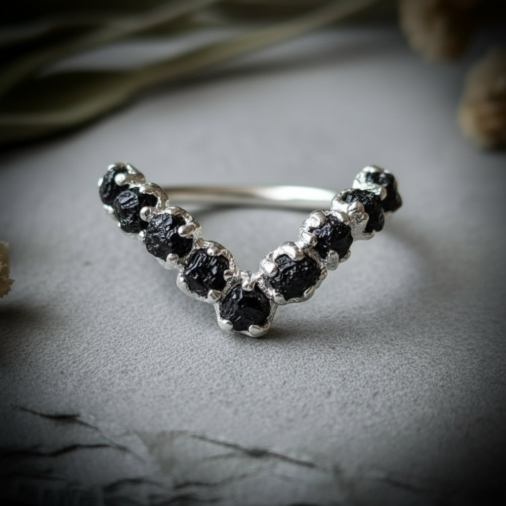 Santa Fe Marketplace Raw Black Tourmaline Chevron Ring | Silver-Plated Copper Electroformed | Made to Order Product Image: Raw Black Tourmaline Chevron Ring | Silver-Plated Copper Electroformed | Made to Order