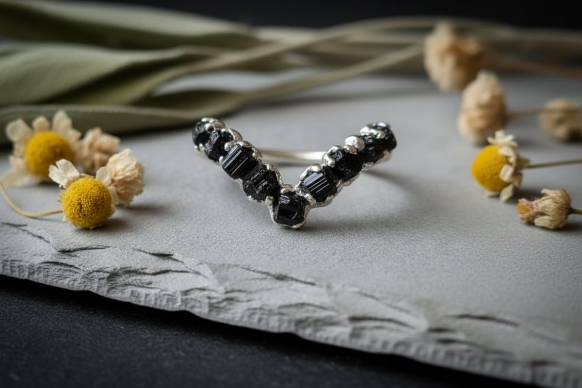 Santa Fe Marketplace Raw Black Tourmaline Chevron Ring | Silver-Plated Copper Electroformed | Made to Order Product Image: Raw Black Tourmaline Chevron Ring | Silver-Plated Copper Electroformed | Made to Order