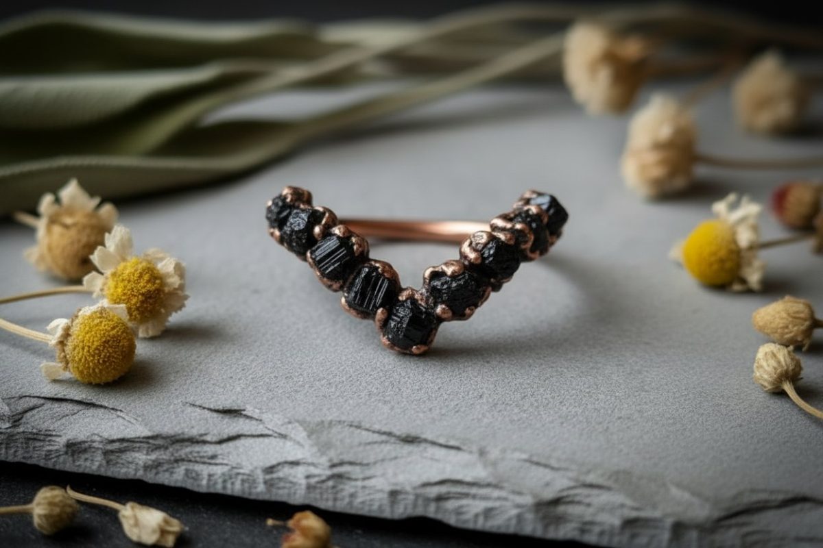 Santa Fe Marketplace Raw Black Tourmaline Chevron Ring | Antique Copper Electroformed | Made to Order Product Image: Raw Black Tourmaline Chevron Ring | Antique Copper Electroformed | Made to Order
