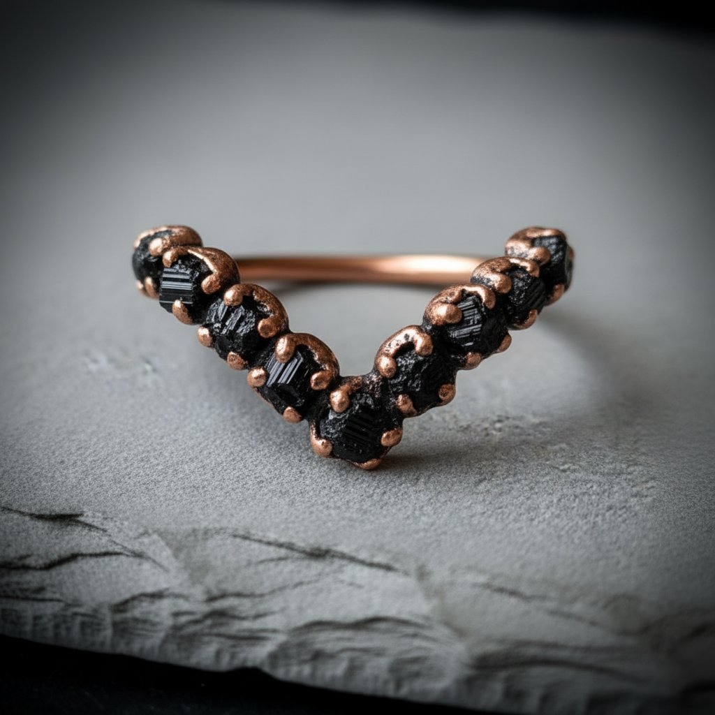 Santa Fe Marketplace Raw Black Tourmaline Chevron Ring | Antique Copper Electroformed | Made to Order Product Image: Raw Black Tourmaline Chevron Ring | Antique Copper Electroformed | Made to Order