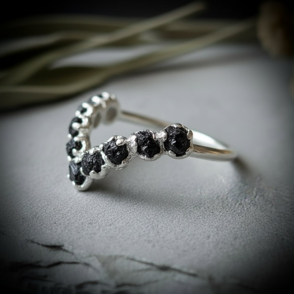 Santa Fe Marketplace Raw Black Tourmaline Chevron Ring | Silver-Plated Copper Electroformed | Made to Order Product Image: Raw Black Tourmaline Chevron Ring | Silver-Plated Copper Electroformed | Made to Order
