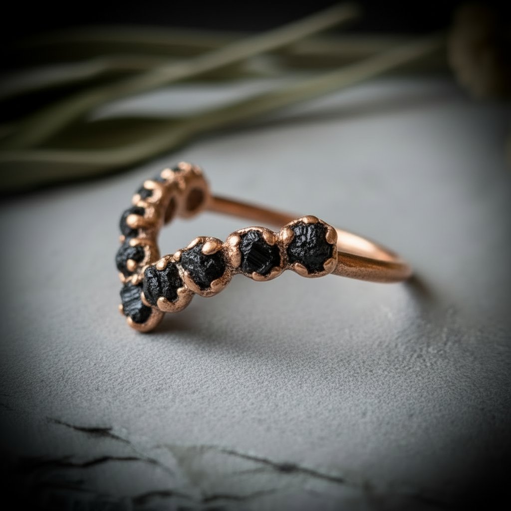 Santa Fe Marketplace Raw Black Tourmaline Chevron Ring | Antique Copper Electroformed | Made to Order Product Image: Raw Black Tourmaline Chevron Ring | Antique Copper Electroformed | Made to Order