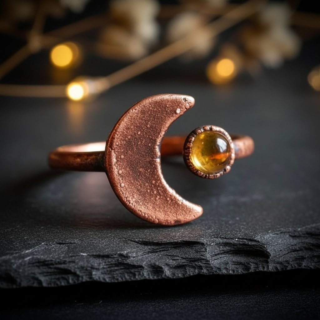 Santa Fe Marketplace Citrine Crescent Moon Ring | Electroformed Copper | Made to Order Product Image: Citrine Crescent Moon Ring | Electroformed Copper | Made to Order